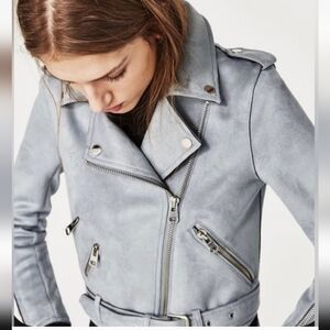 Zara Faux Suede Dusty Powder Blue Asymmetrical Croppes Moto Jacket Sm
